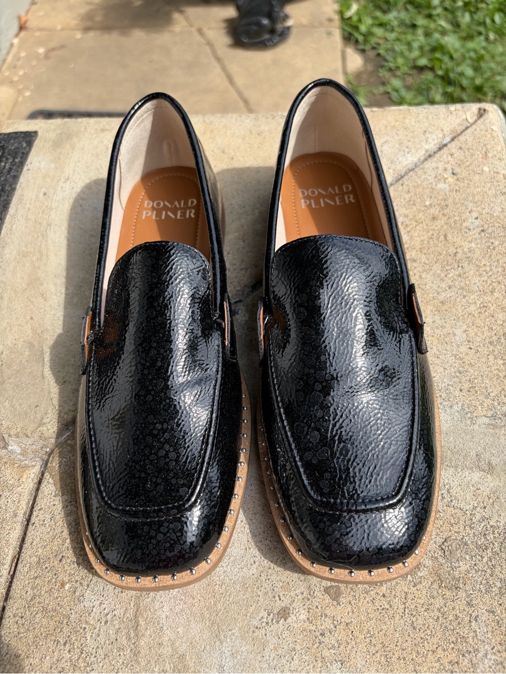 Donald J. Pliner Black Patent Loafers with Tan Trim